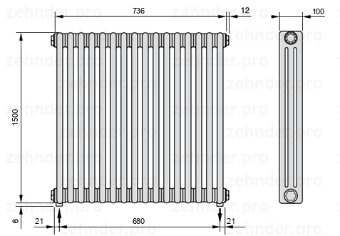 Схема (чертеж) Радиатор Zehnder Charleston 3150/16 №5310 Белый глянцевый RAL 9016